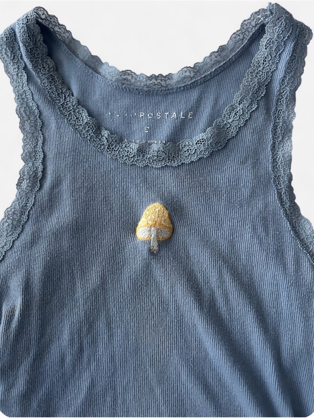 Aeropostale Blue Lace-Trim Ribbed Crop Top with Yellow Mushroom Patch 💙